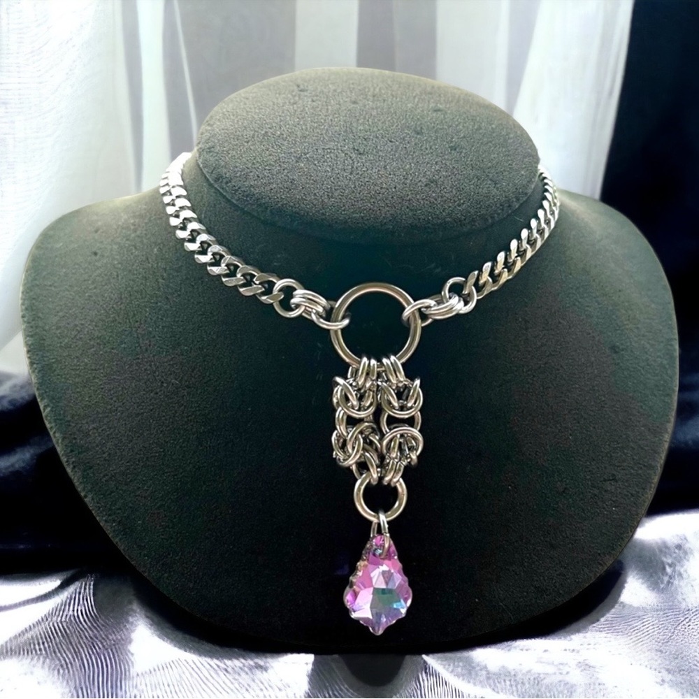 Handmade maille necklace iridescent purple austrian crystal celtic goth boho
